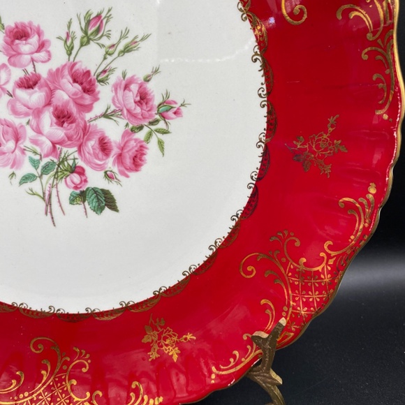 James Kent dinner plate red band, hand painted roses, gold details VTG 50's UK - Picture 4 of 10